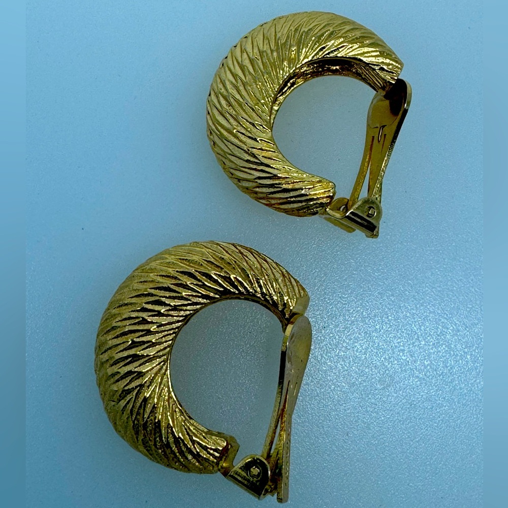 Christian Dior Vintage Textured Clip Hoop Earrings Goldtone